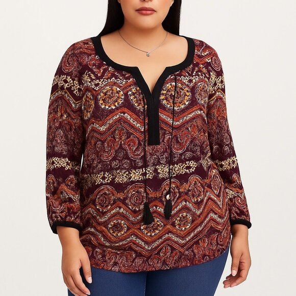 Zac & Rachel Tops - Zac & Rachel Woman 1X Boho Tunic Top Multicolor Paisley Print Tassel Tie